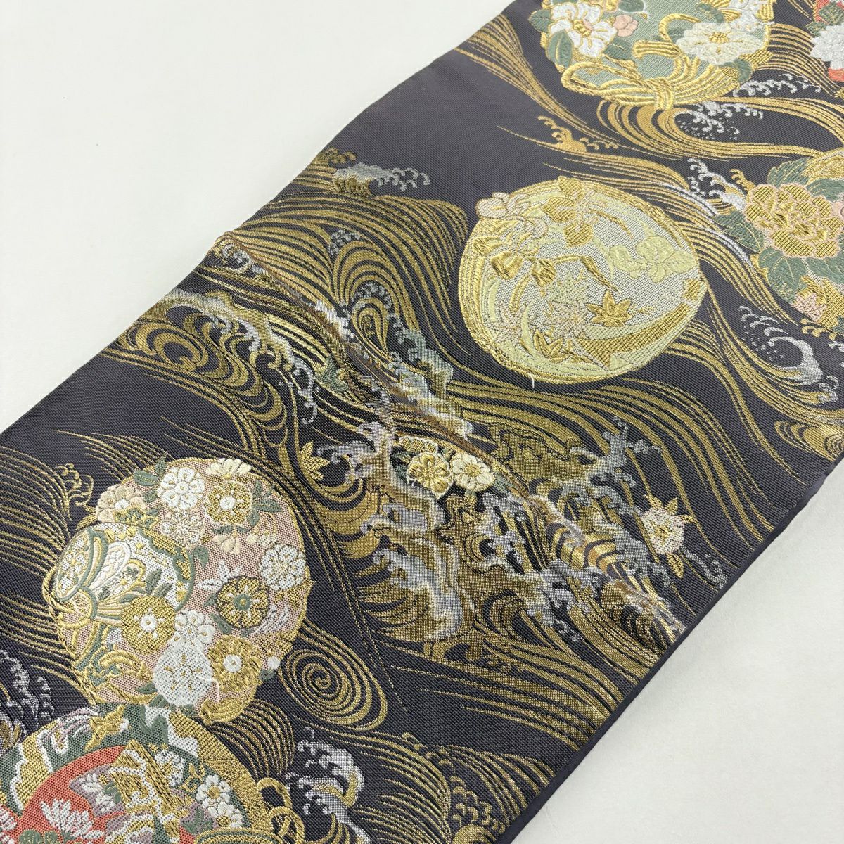 袋帶 秀品級 花丸紋 波 金金箔 金絲 青灰 六通 純蠶絲