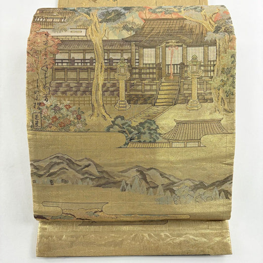 袋帶 秀品級 文知摺觀音 金金箔 金色 大鼓圖案 純蠶絲