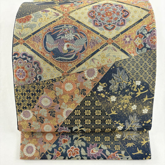 袋帶 秀品級 格天井 花鳥 金銀彩 金金箔 深藍 六通 純蠶絲