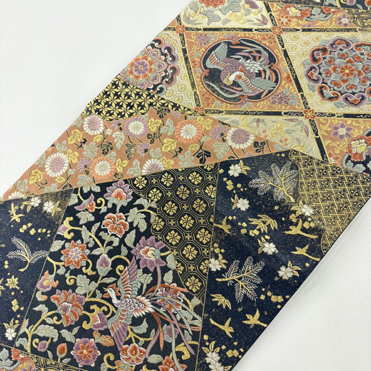 袋帶 秀品級 格天井 花鳥 金銀彩 金金箔 深藍 六通 純蠶絲