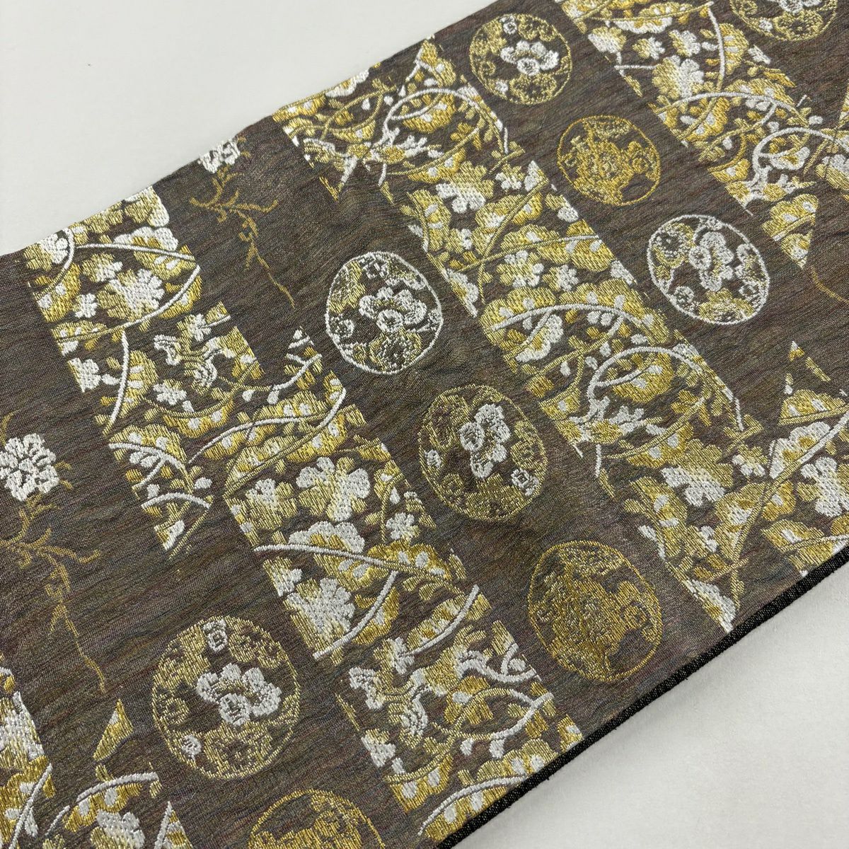 袋帶 秀品級 花丸紋 樹木 金絲 金金箔 灰茶 六通 純蠶絲
