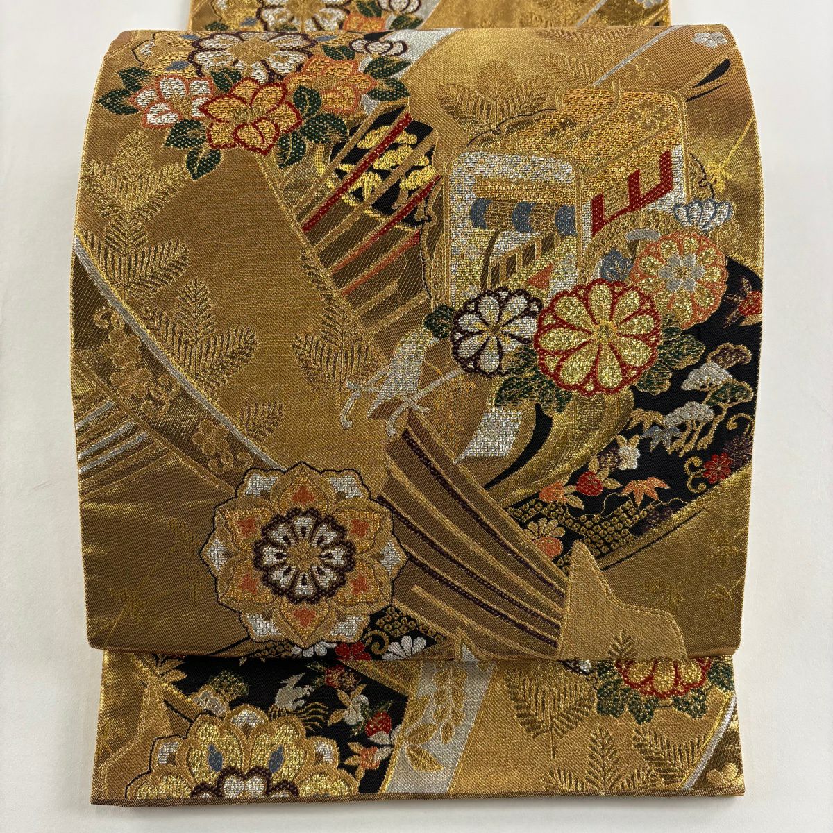 【美品】 袋帶 秀品級 御所車 松樹竹子梅花 金銀絲 金金箔 金色 六通 純蠶絲