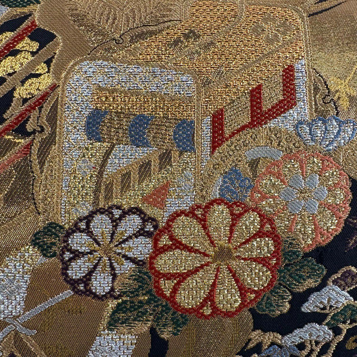【美品】 袋帶 秀品級 御所車 松樹竹子梅花 金銀絲 金金箔 金色 六通 純蠶絲