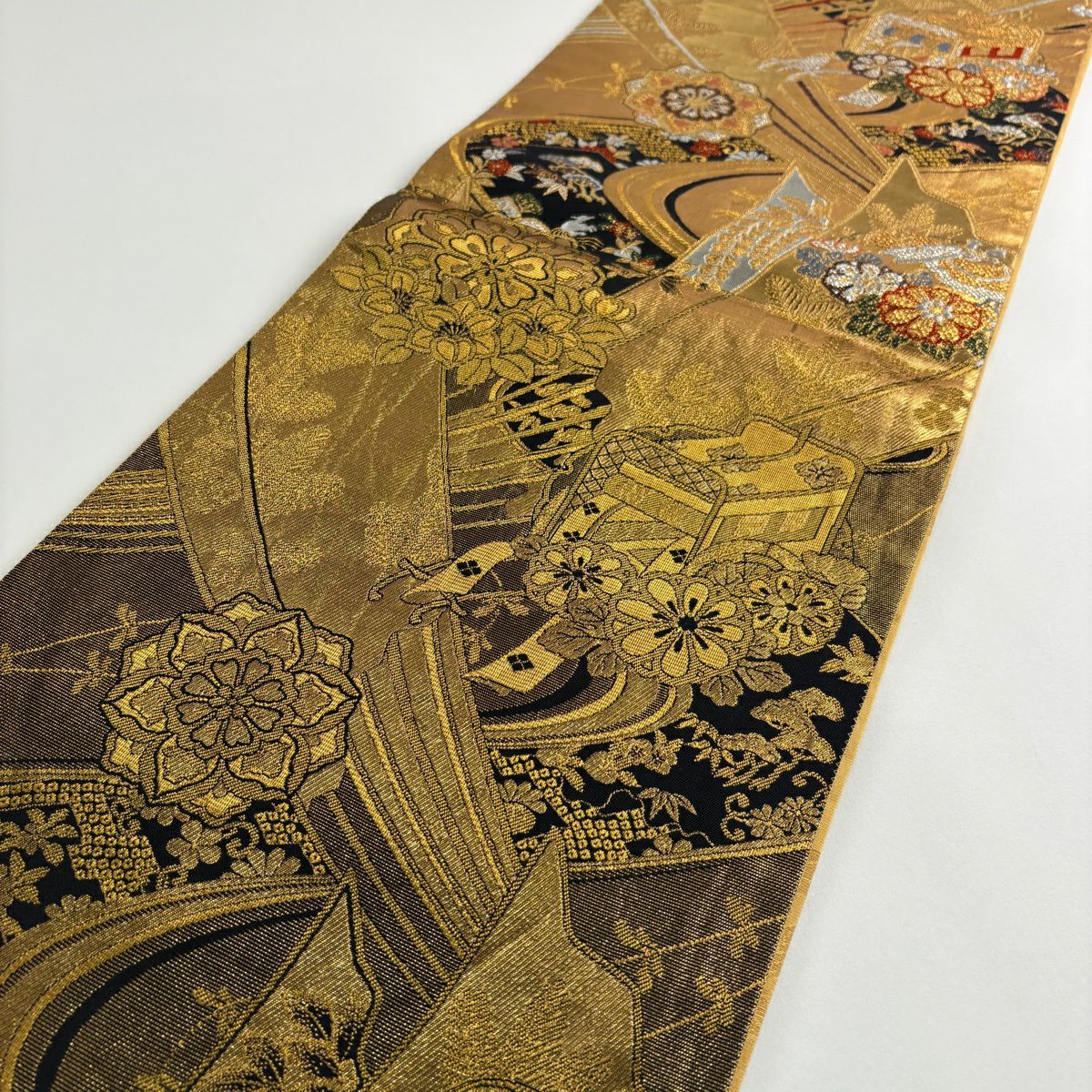 【美品】 袋帶 秀品級 御所車 松樹竹子梅花 金銀絲 金金箔 金色 六通 純蠶絲
