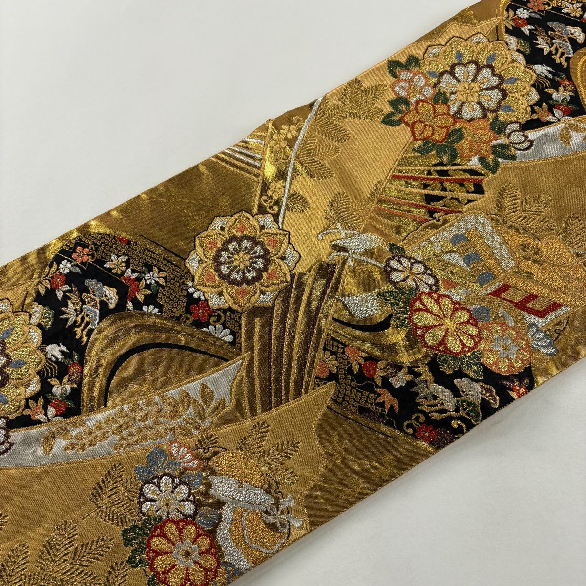 【美品】 袋帶 秀品級 御所車 松樹竹子梅花 金銀絲 金金箔 金色 六通 純蠶絲