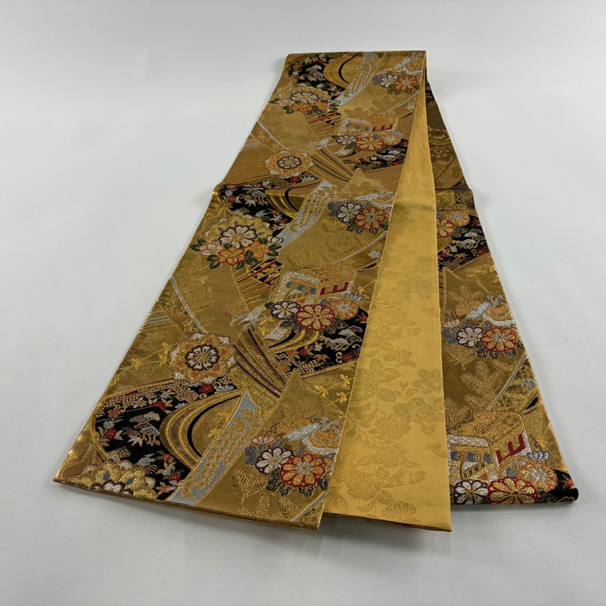 【美品】 袋帶 秀品級 御所車 松樹竹子梅花 金銀絲 金金箔 金色 六通 純蠶絲