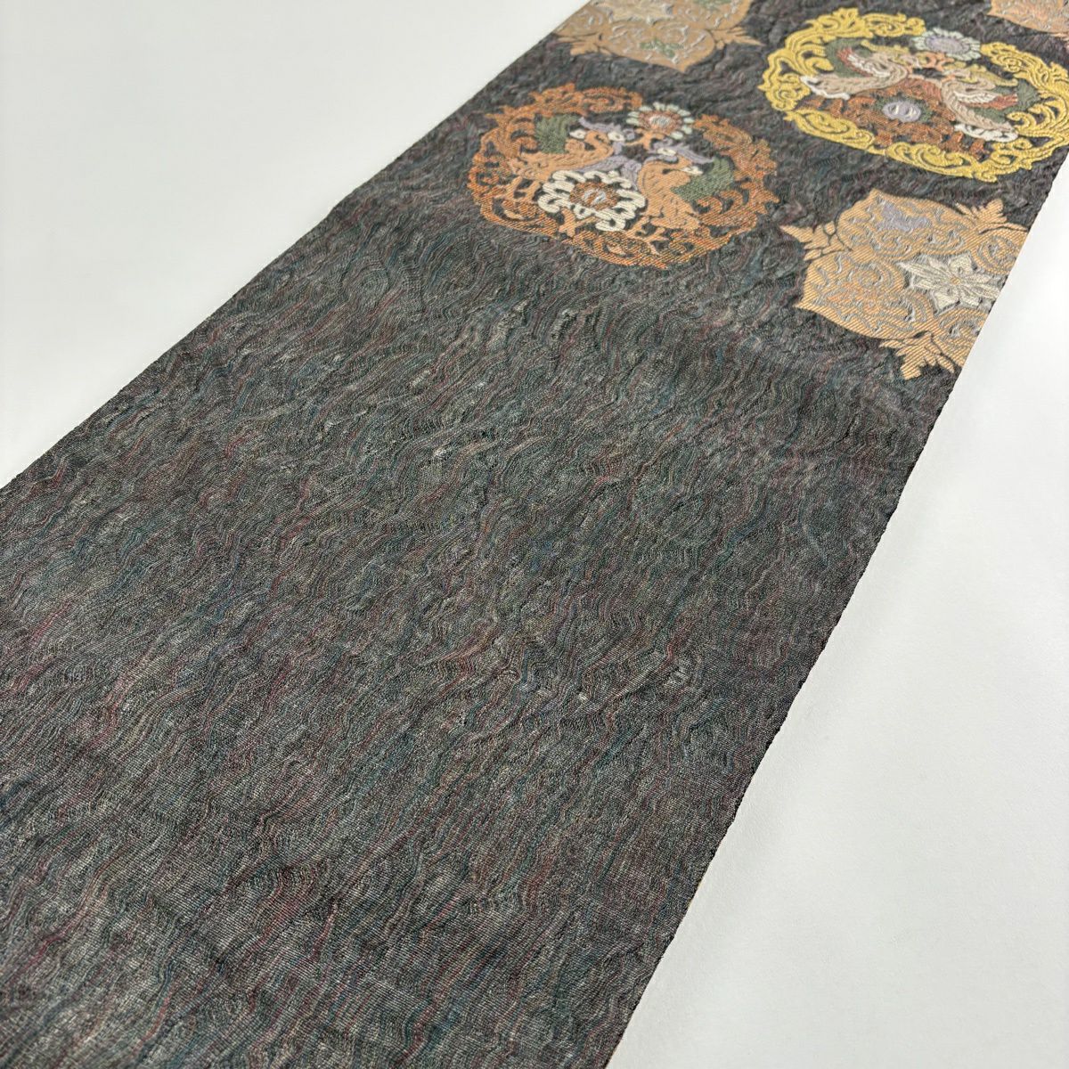 【美品】 袋帶 秀品級 向鳥 華紋 金銀彩 金金箔 灰 深藍 六通 純蠶絲