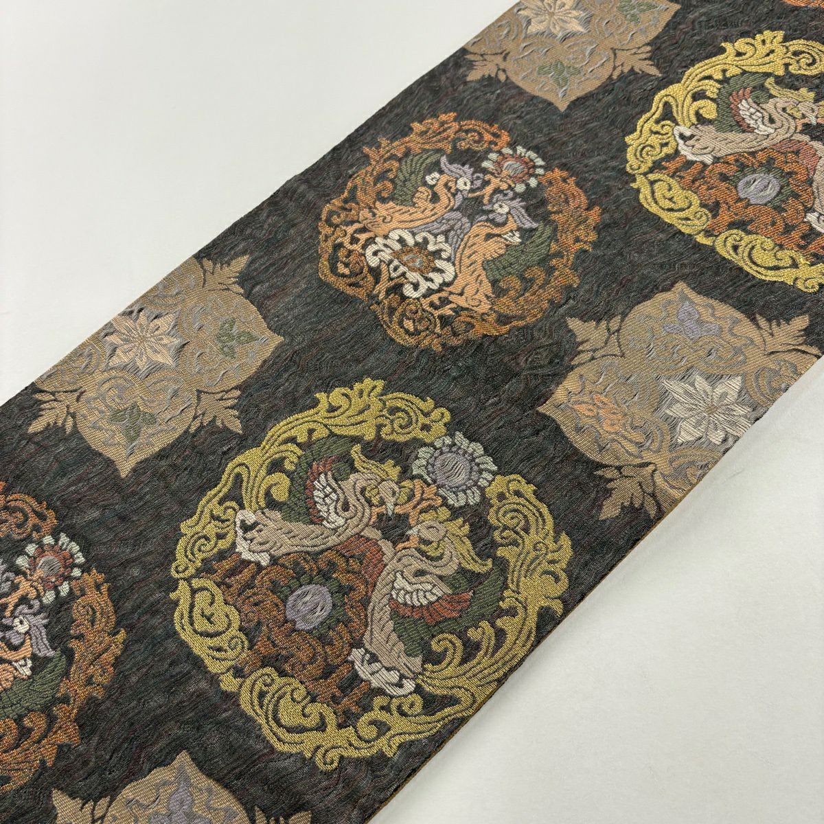 【美品】 袋帶 秀品級 向鳥 華紋 金銀彩 金金箔 灰 深藍 六通 純蠶絲