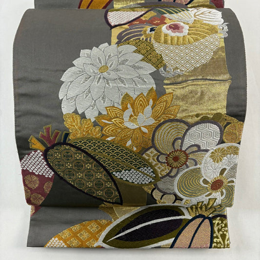 袋帶 秀品級 振袖禮服禮服用 竹子 梅花 金銀彩 唐織 灰茶 六通 純蠶絲