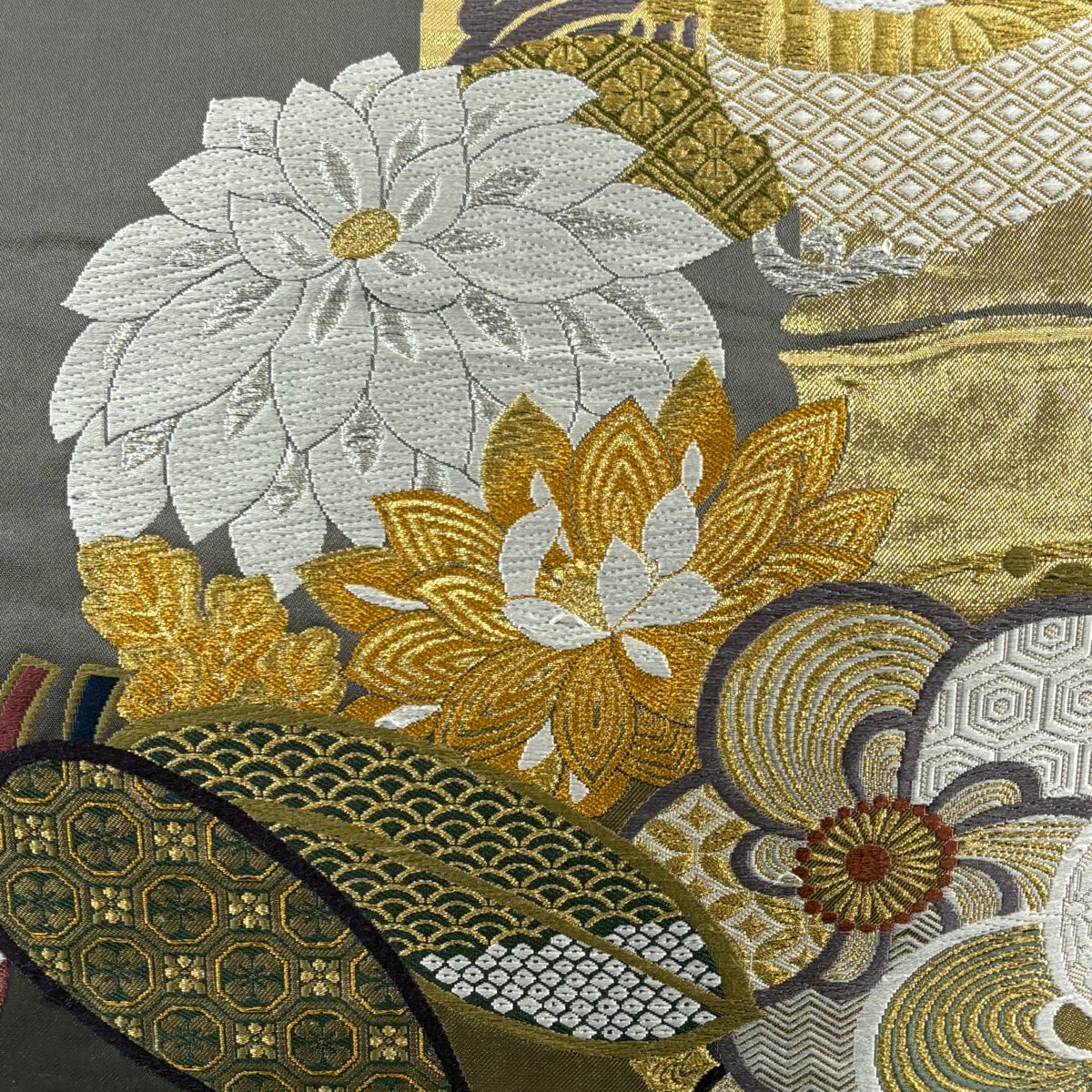 袋帶 秀品級 振袖禮服禮服用 竹子 梅花 金銀彩 唐織 灰茶 六通 純蠶絲