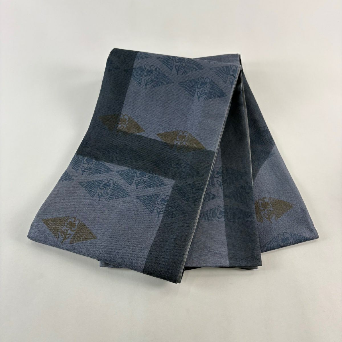【美品】 袋帶 秀品級 夏帶 草花紋 幾何圖案 青灰 純蠶絲
