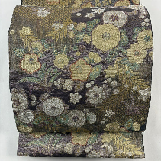 袋帶 秀品級 大和 草花紋 花菱 金絲 拉麵絲 灰紫 六通 純蠶絲