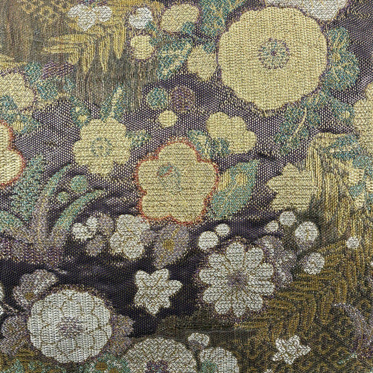 袋帶 秀品級 大和 草花紋 花菱 金絲 拉麵絲 灰紫 六通 純蠶絲