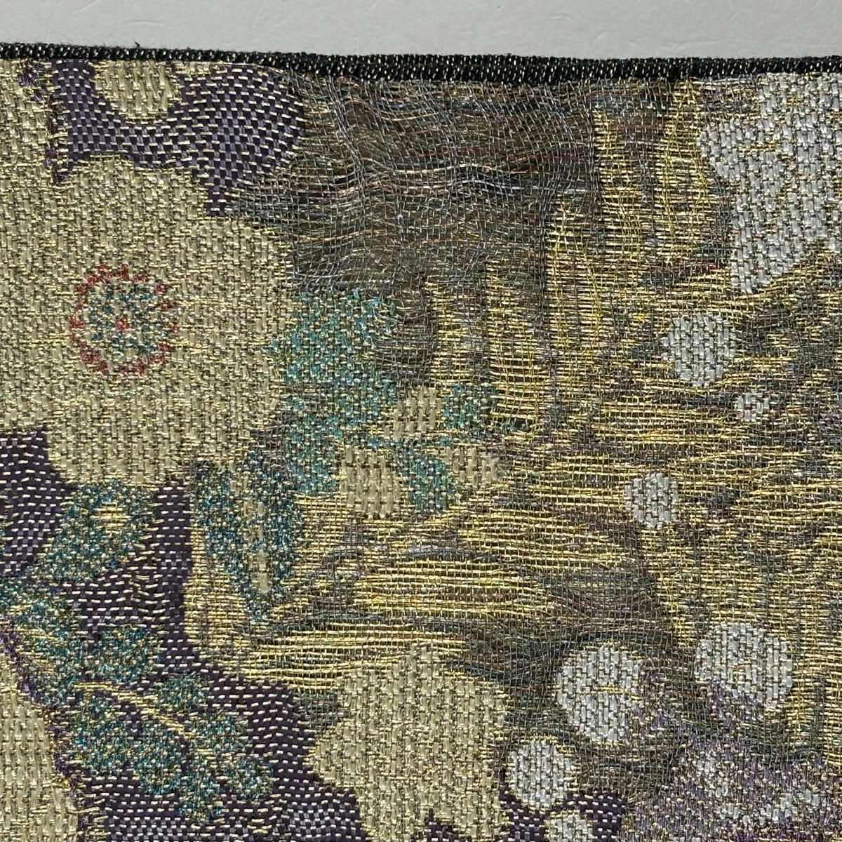 袋帶 秀品級 大和 草花紋 花菱 金絲 拉麵絲 灰紫 六通 純蠶絲