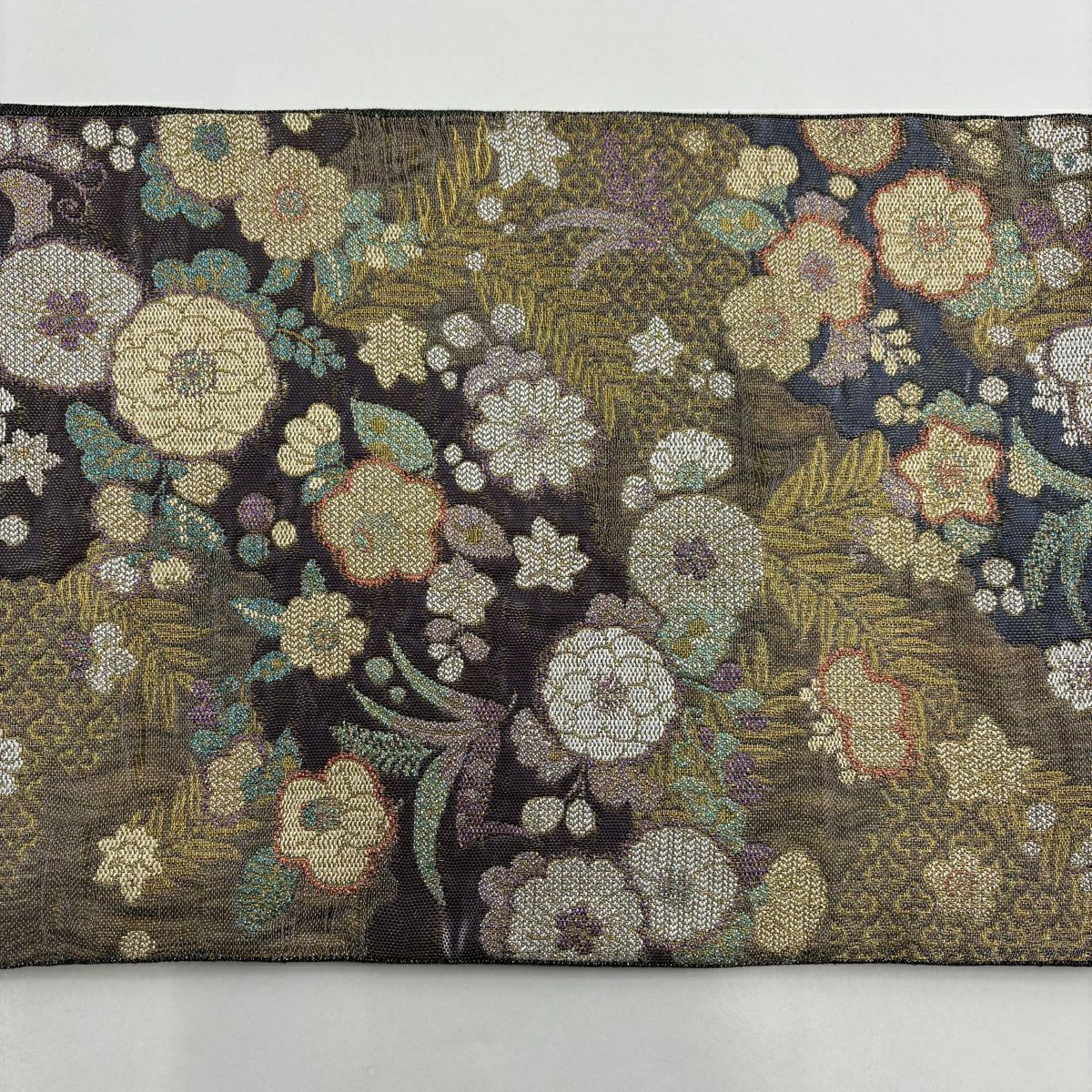 袋帶 秀品級 大和 草花紋 花菱 金絲 拉麵絲 灰紫 六通 純蠶絲