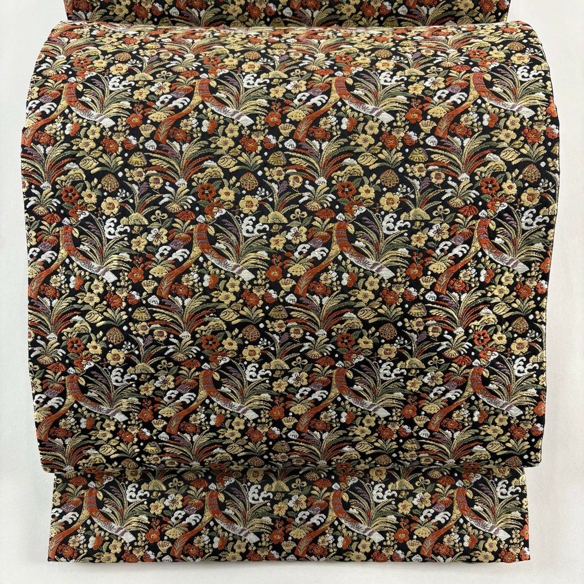 袋帶 秀品級 短冊 梅花 刺繡 金絲 黑 六通 純蠶絲