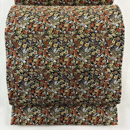 袋帶 秀品級 短冊 梅花 刺繡 金絲 黑 六通 純蠶絲