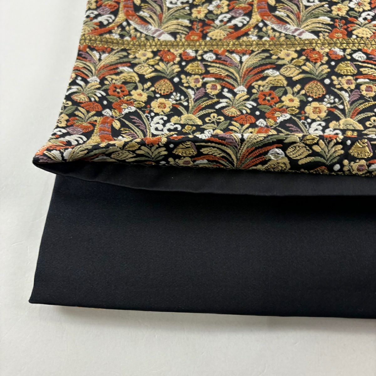 袋帶 秀品級 短冊 梅花 刺繡 金絲 黑 六通 純蠶絲