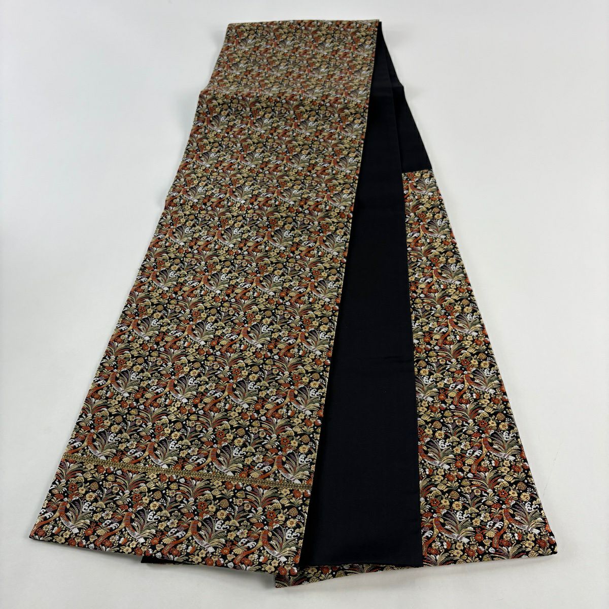 袋帶 秀品級 短冊 梅花 刺繡 金絲 黑 六通 純蠶絲