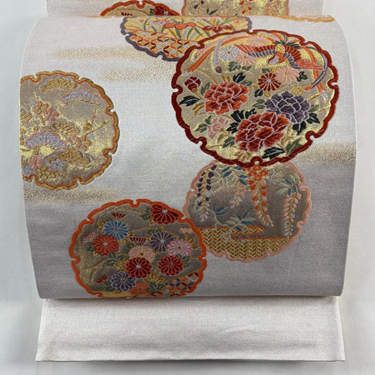 袋帶 秀品級 關西仕立 草花紋華雪輪 鳥 金糸 金金箔 灰白 六通 純蠶絲