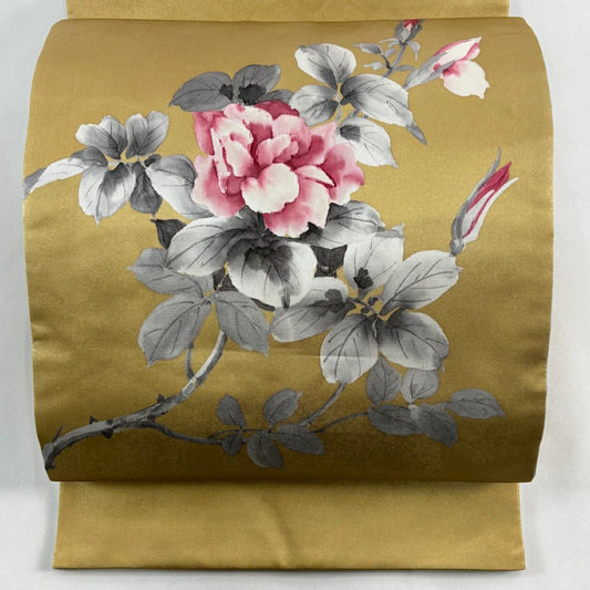袋帶 秀品級 二代目清次郎 落款あり 枝花 金金箔 黃土 深藍色 お太鼓柄 純蠶絲