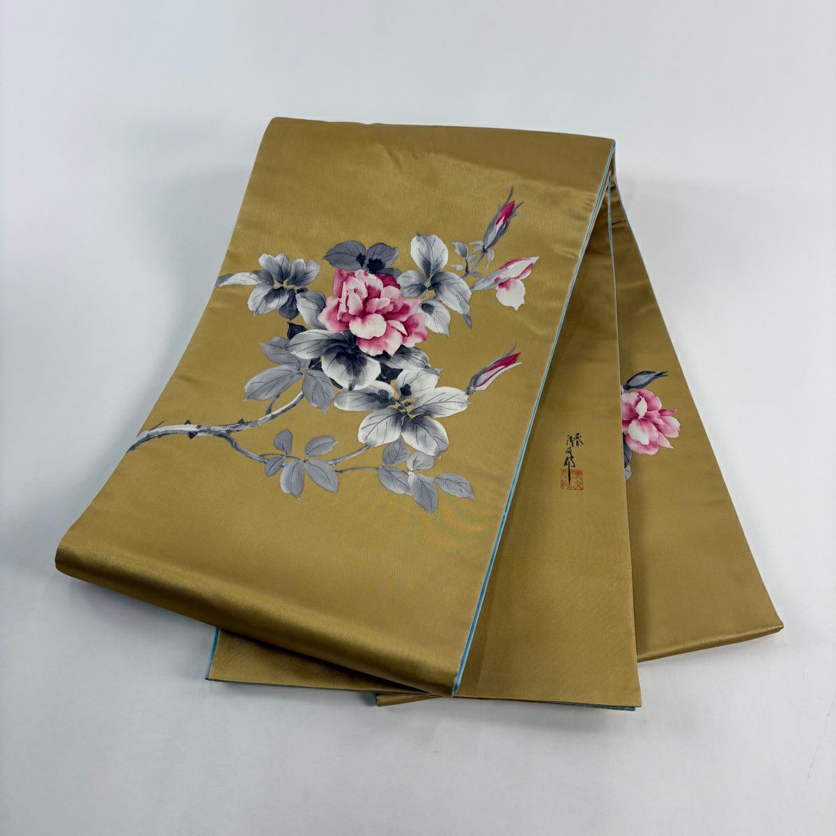 袋帶 秀品級 二代目清次郎 落款あり 枝花 金金箔 黃土 深藍色 お太鼓柄 純蠶絲