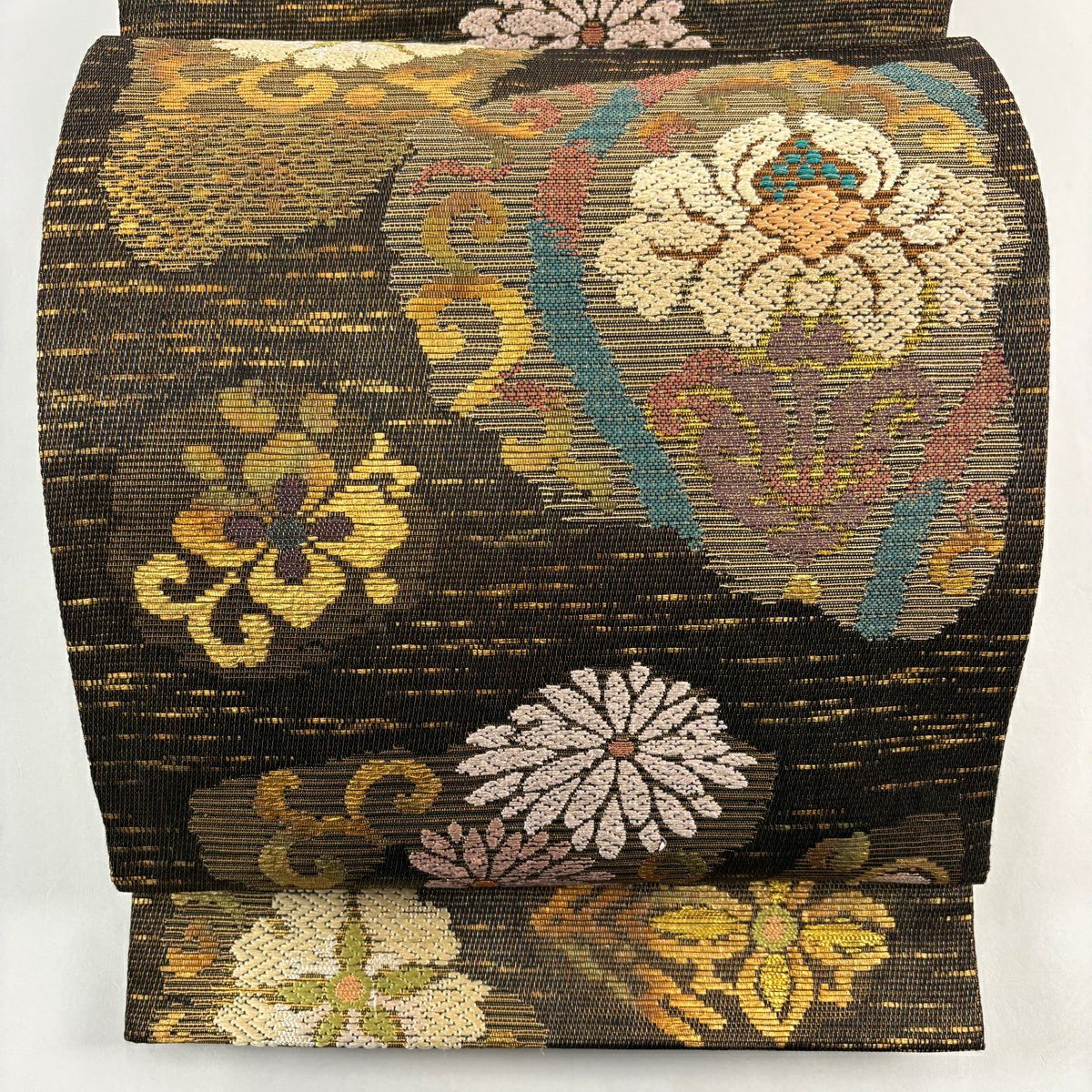 【美品】 袋帶 秀品級 花唐草紋 花菱 金絲 金金箔 焦茶 六通 純蠶絲