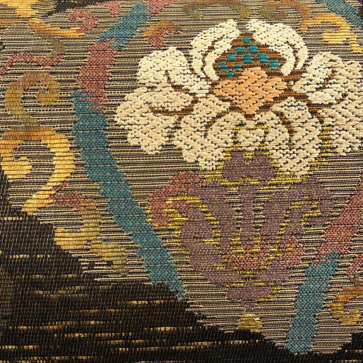 【美品】 袋帶 秀品級 花唐草紋 花菱 金絲 金金箔 焦茶 六通 純蠶絲