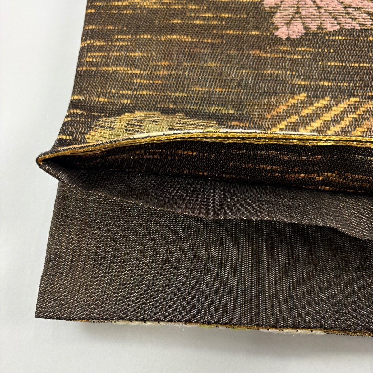 【美品】 袋帶 秀品級 花唐草紋 花菱 金絲 金金箔 焦茶 六通 純蠶絲