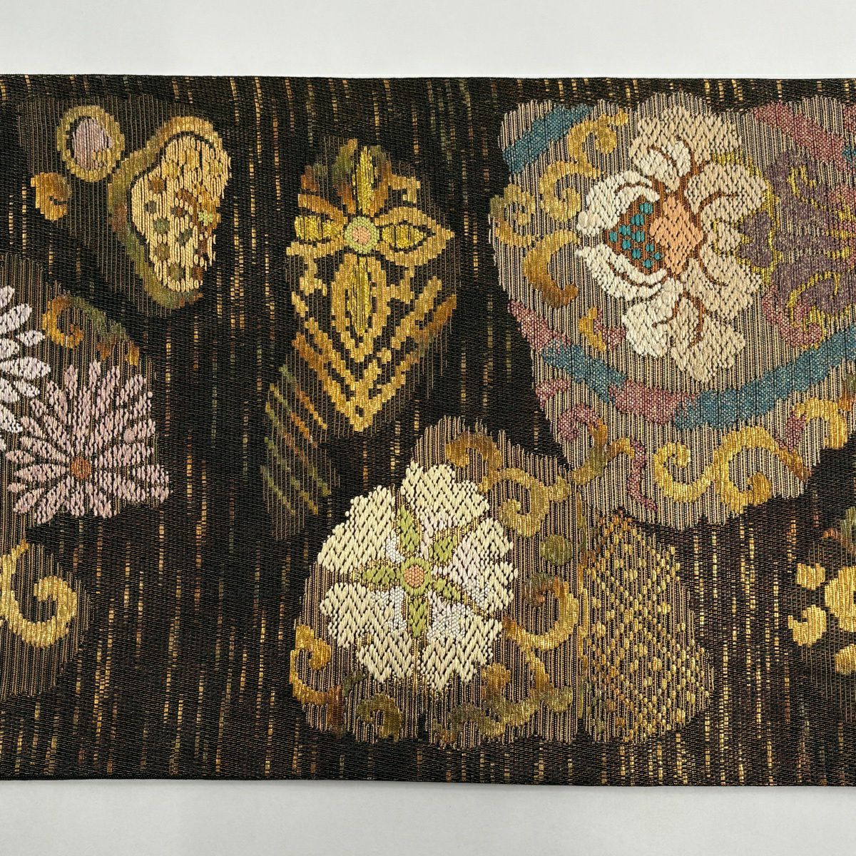 【美品】 袋帶 秀品級 花唐草紋 花菱 金絲 金金箔 焦茶 六通 純蠶絲