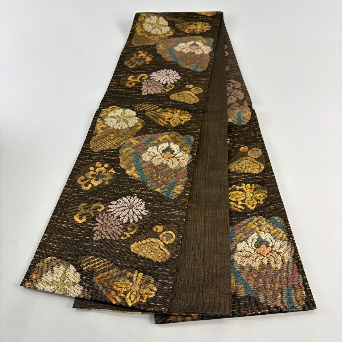 【美品】 袋帶 秀品級 花唐草紋 花菱 金絲 金金箔 焦茶 六通 純蠶絲