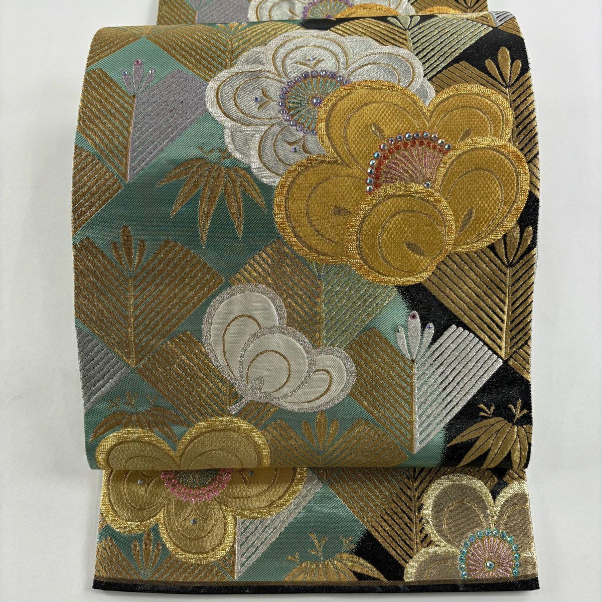 袋帶 秀品級 松樹竹子梅花 金銀絲 金金箔 淺綠 お太鼓圖案 純蠶絲