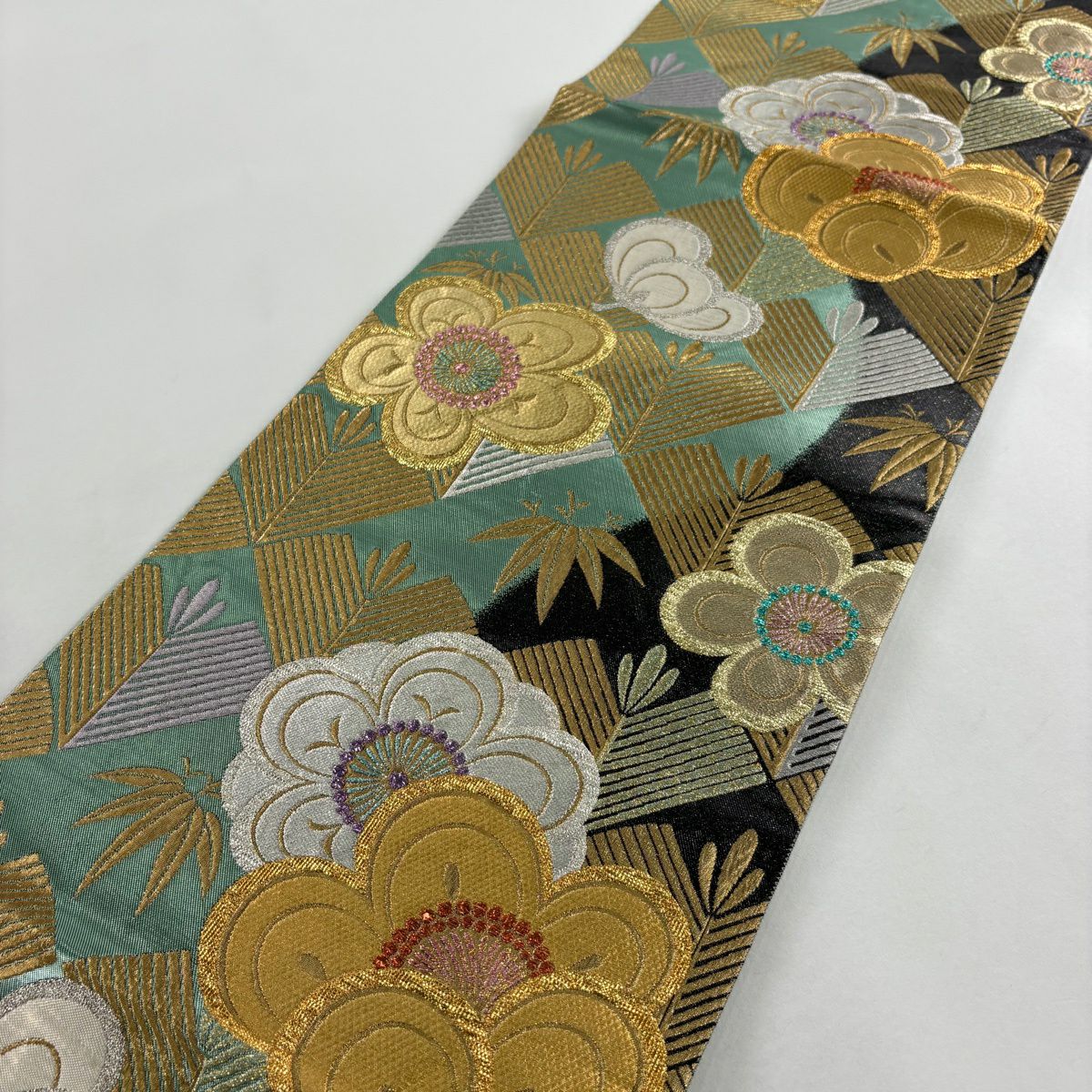袋帶 秀品級 松樹竹子梅花 金銀絲 金金箔 淺綠 お太鼓圖案 純蠶絲