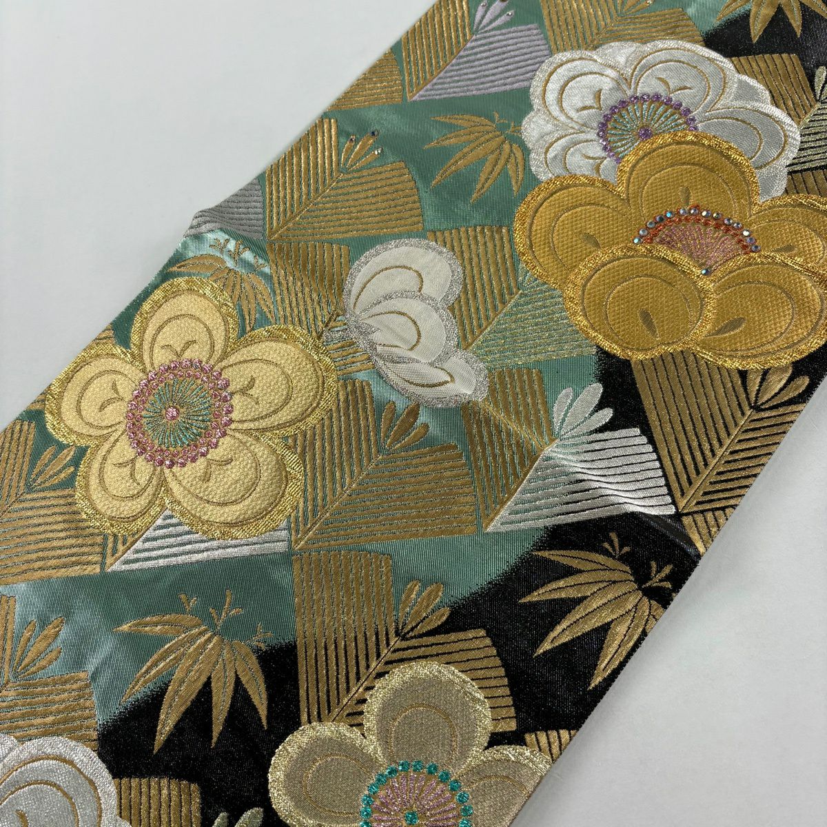 袋帶 秀品級 松樹竹子梅花 金銀絲 金金箔 淺綠 お太鼓圖案 純蠶絲