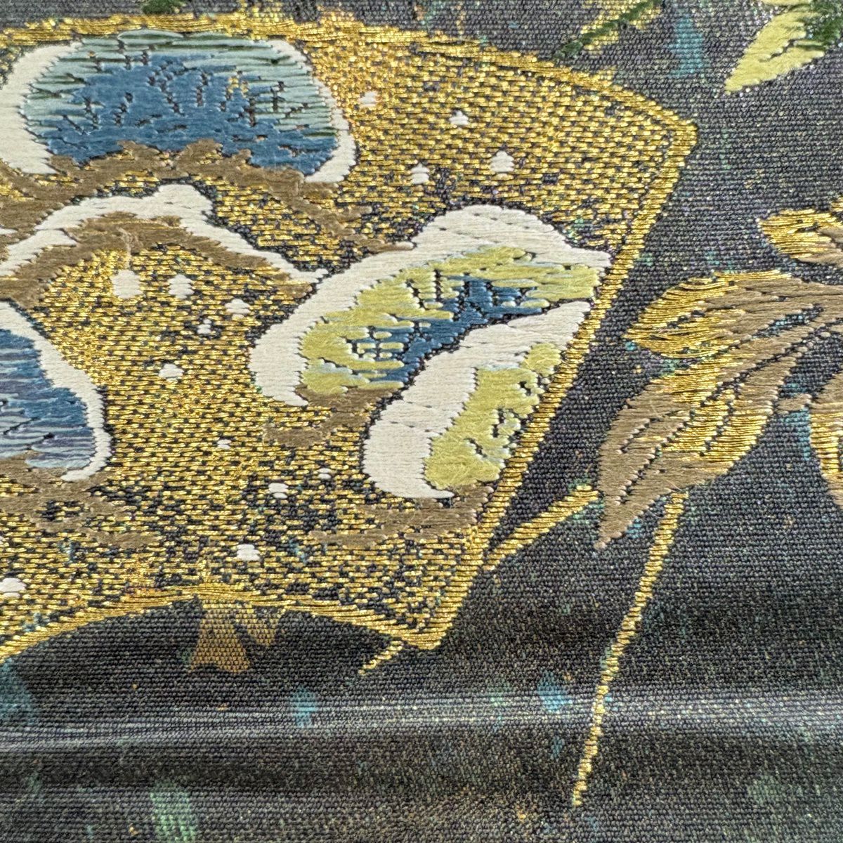 袋帶 秀品級 扇子面 草花紋 金糸 金金箔 灰 深藍 六通 純蠶絲