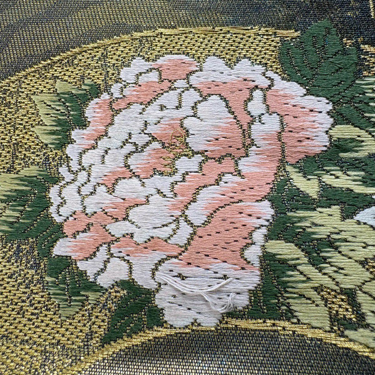 袋帶 秀品級 扇子面 草花紋 金糸 金金箔 灰 深藍 六通 純蠶絲