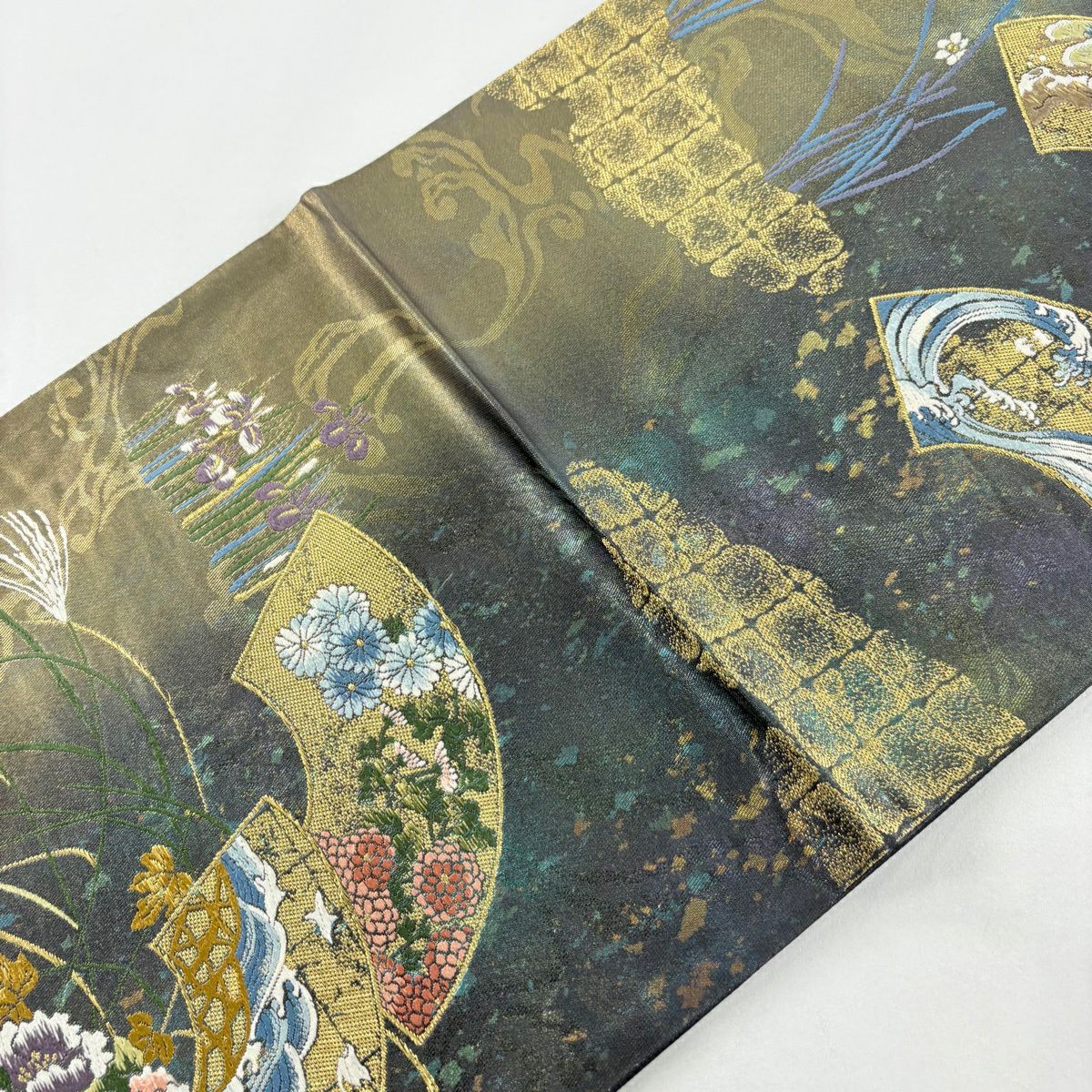 袋帶 秀品級 扇子面 草花紋 金糸 金金箔 灰 深藍 六通 純蠶絲