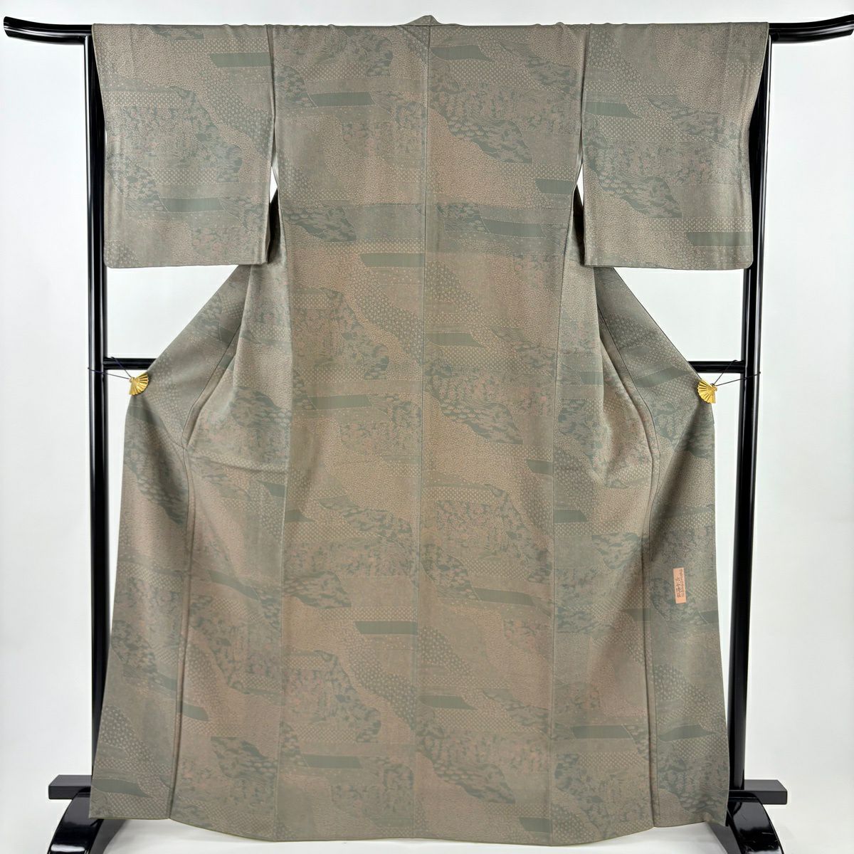 【美品】 江戶小紋 身長165.5cm 袖長65cm M 雙層 六谷博臣 落款あり 寄せ柄 松樹竹子梅花 灰綠 純蠶絲 名品級