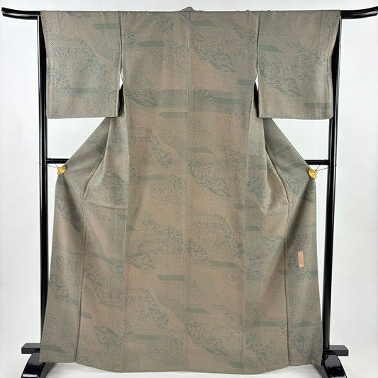 【美品】 江戶小紋 身長165.5cm 袖長65cm M 雙層 六谷博臣 落款あり 寄せ柄 松樹竹子梅花 灰綠 純蠶絲 名品級