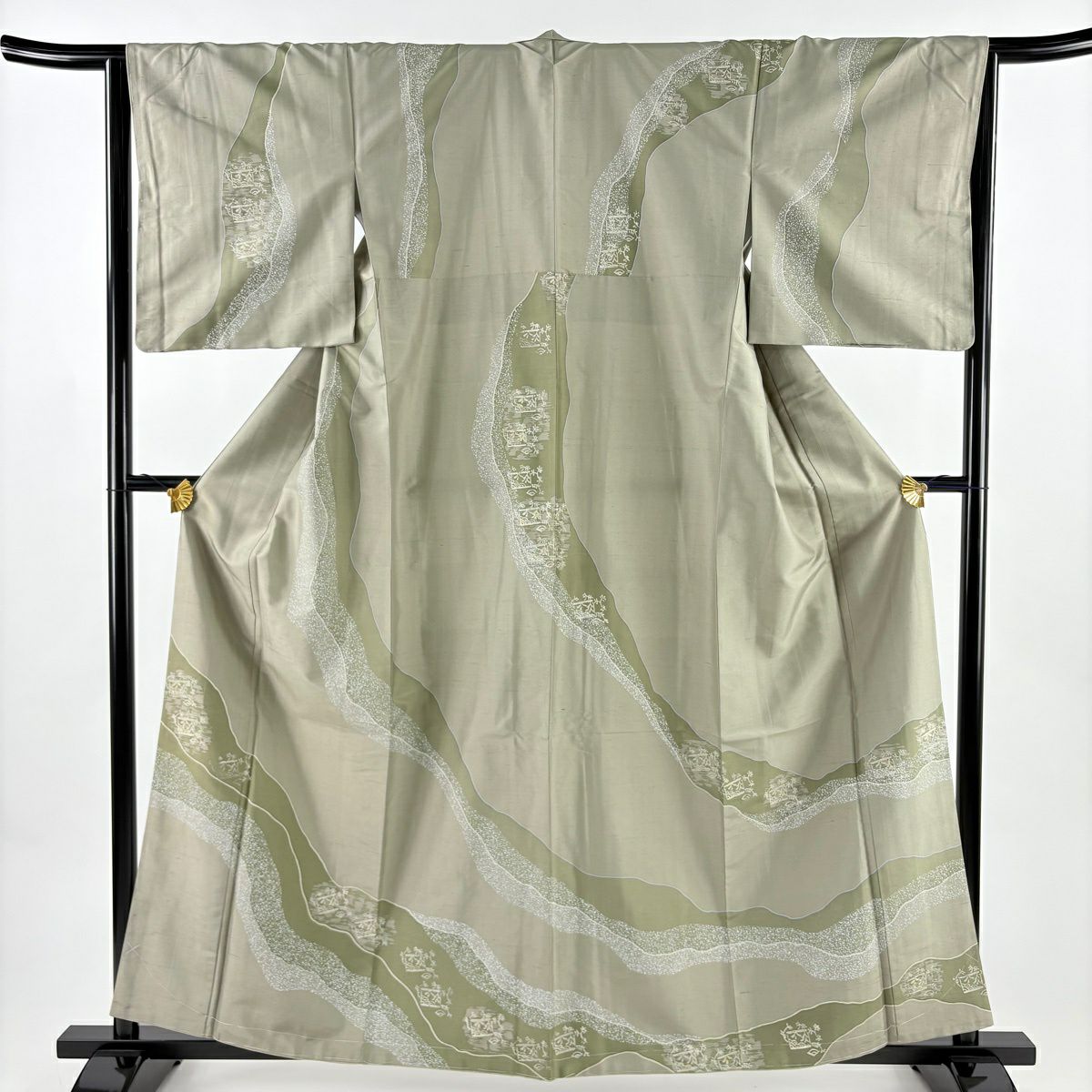【美品】訪問服 身長160cm 袖長65cm M 雙層 紬織織 道長取 葉紋 灰綠 純蠶絲 名品級