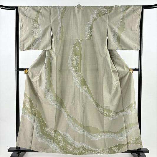 【美品】訪問服 身長160cm 袖長65cm M 雙層 紬織織 道長取 葉紋 灰綠 純蠶絲 名品級