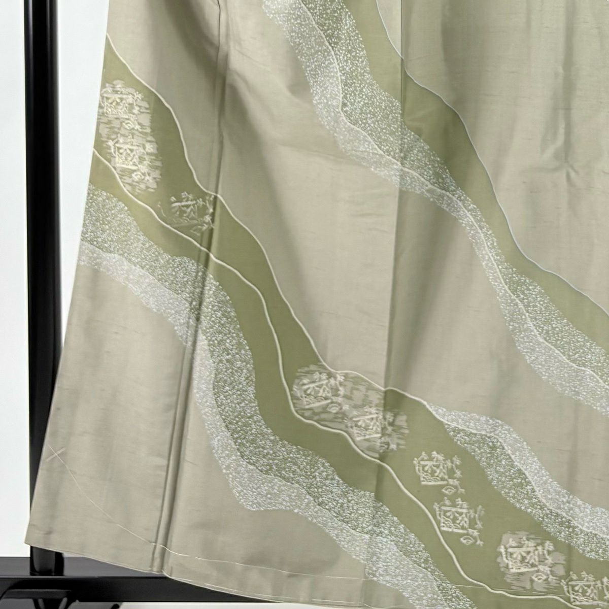 【美品】訪問服 身長160cm 袖長65cm M 雙層 紬織織 道長取 葉紋 灰綠 純蠶絲 名品級