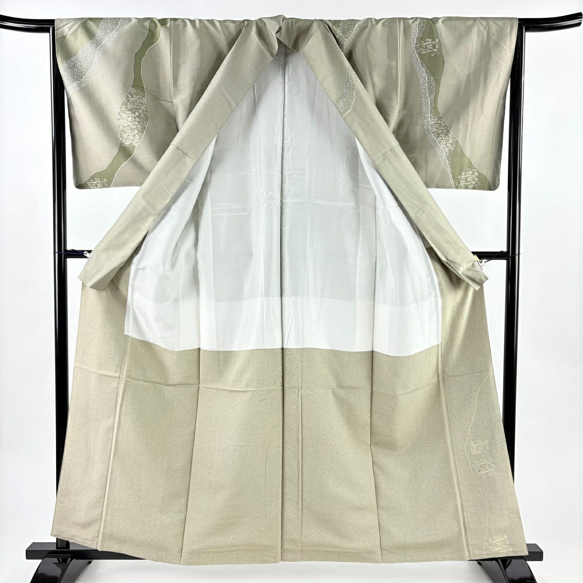 【美品】訪問服 身長160cm 袖長65cm M 雙層 紬織織 道長取 葉紋 灰綠 純蠶絲 名品級