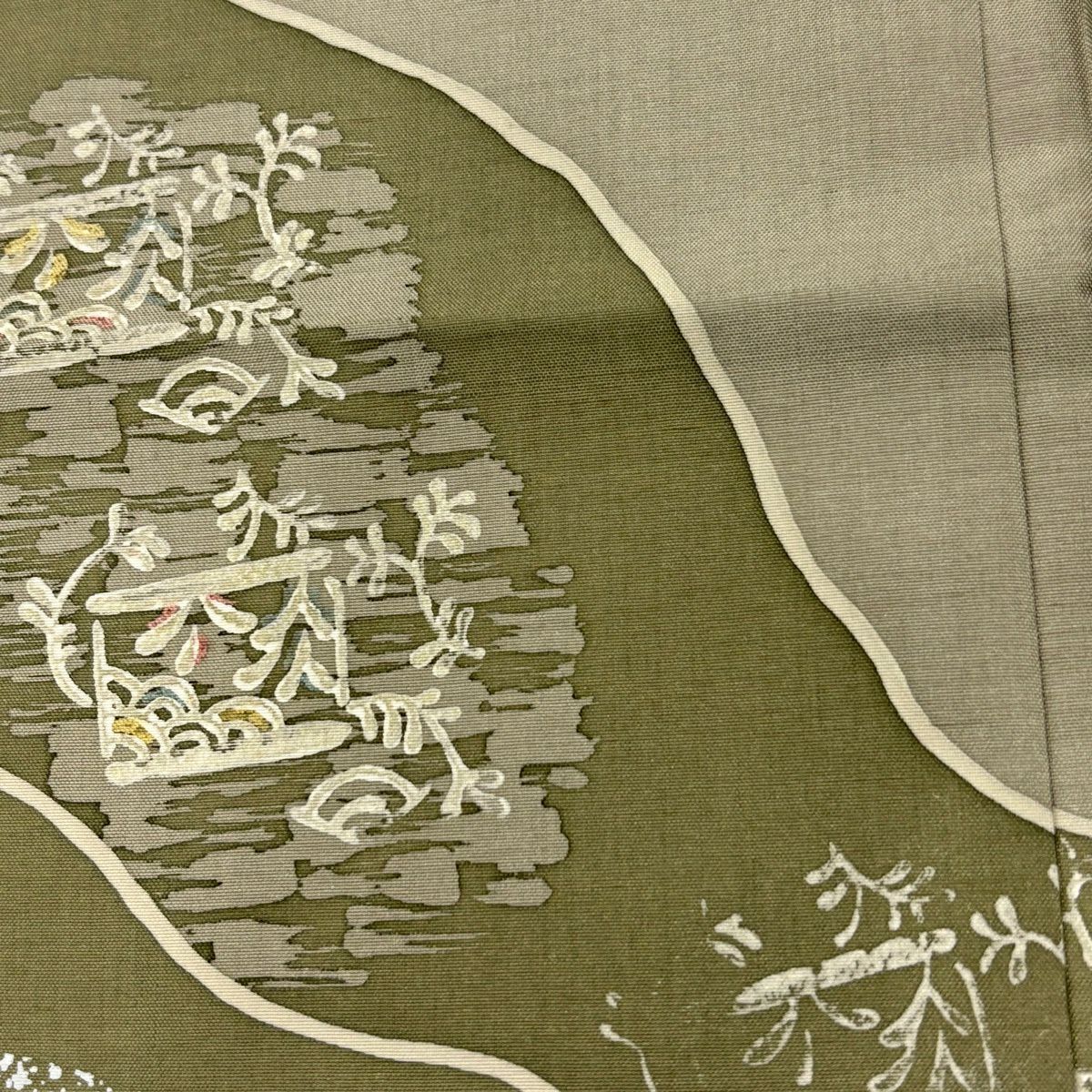 【美品】訪問服 身長160cm 袖長65cm M 雙層 紬織織 道長取 葉紋 灰綠 純蠶絲 名品級