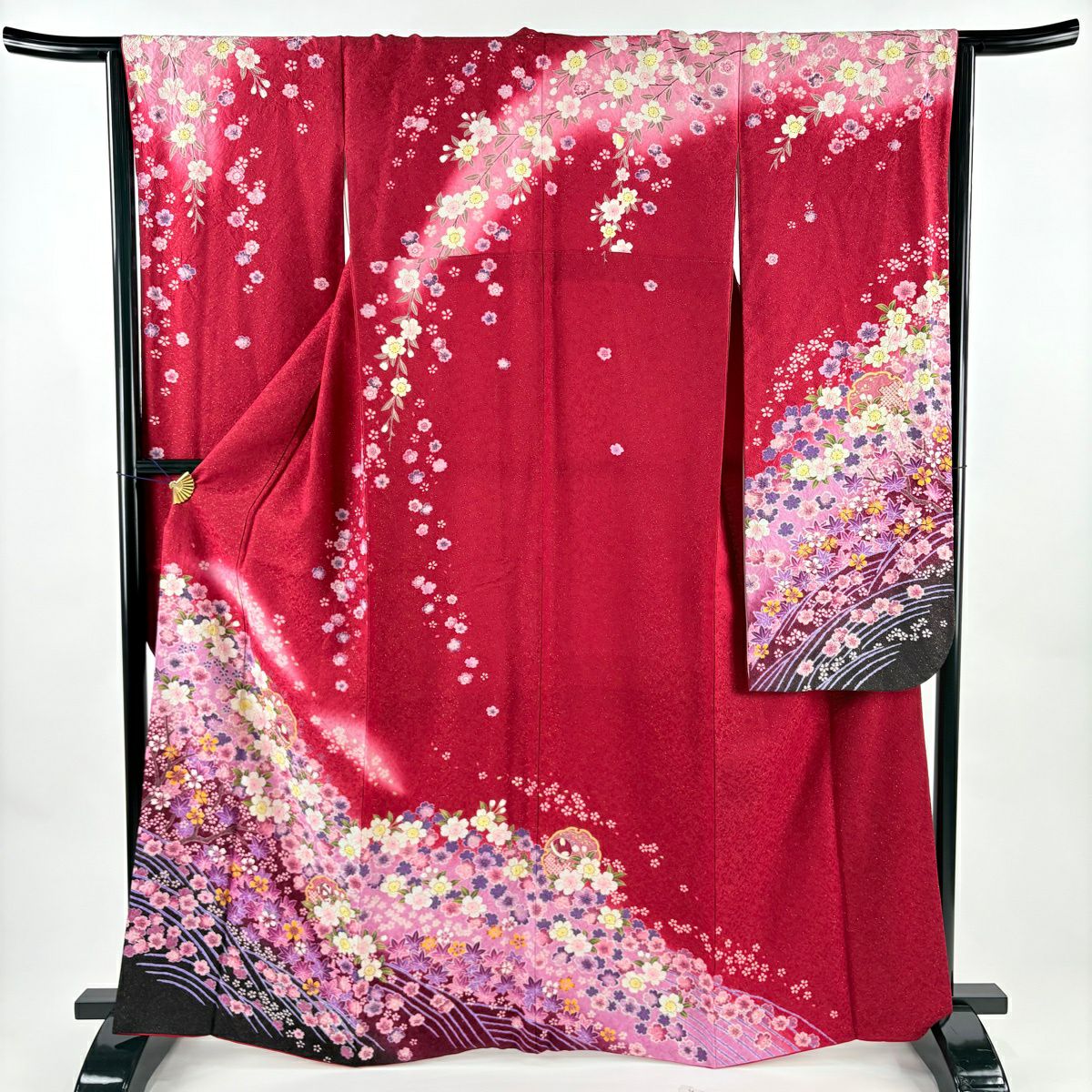 【美品】振袖禮服 身長165cm 袖長64.5cm M 雙層 櫻花 雪輪 金通 金銀彩 紅 純蠶絲 名品級