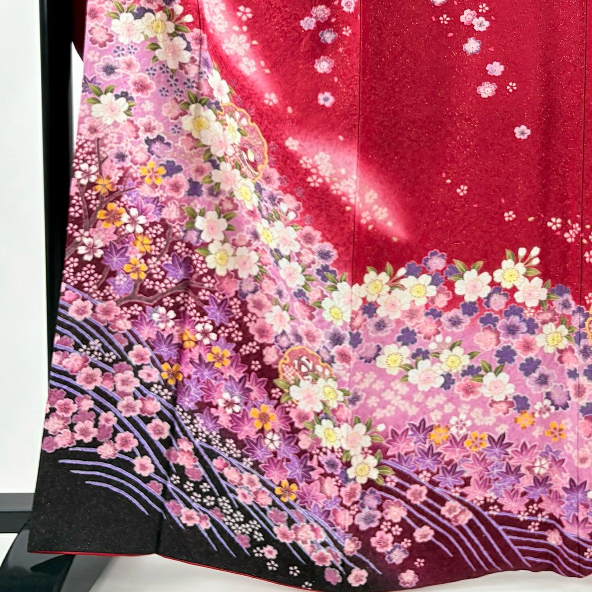 【美品】振袖禮服 身長165cm 袖長64.5cm M 雙層 櫻花 雪輪 金通 金銀彩 紅 純蠶絲 名品級