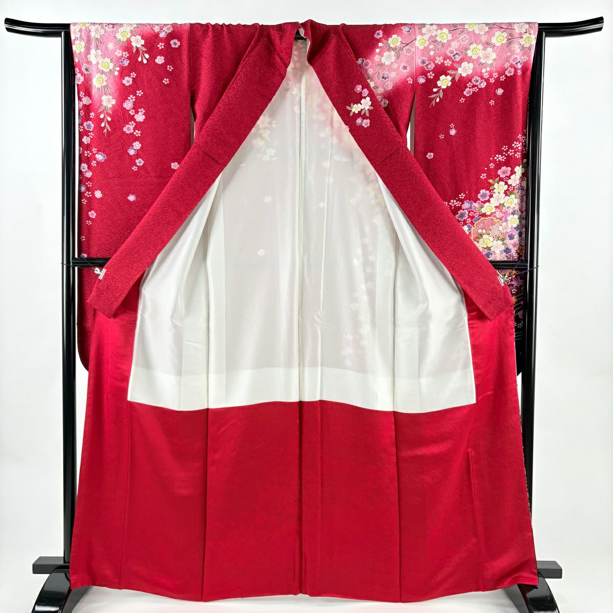 【美品】振袖禮服 身長165cm 袖長64.5cm M 雙層 櫻花 雪輪 金通 金銀彩 紅 純蠶絲 名品級