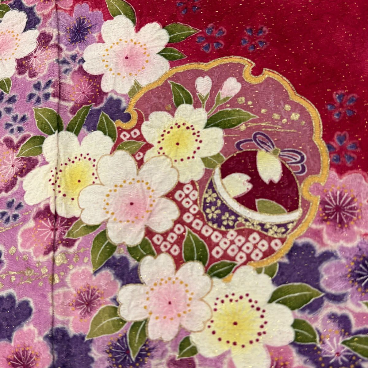 【美品】振袖禮服 身長165cm 袖長64.5cm M 雙層 櫻花 雪輪 金通 金銀彩 紅 純蠶絲 名品級