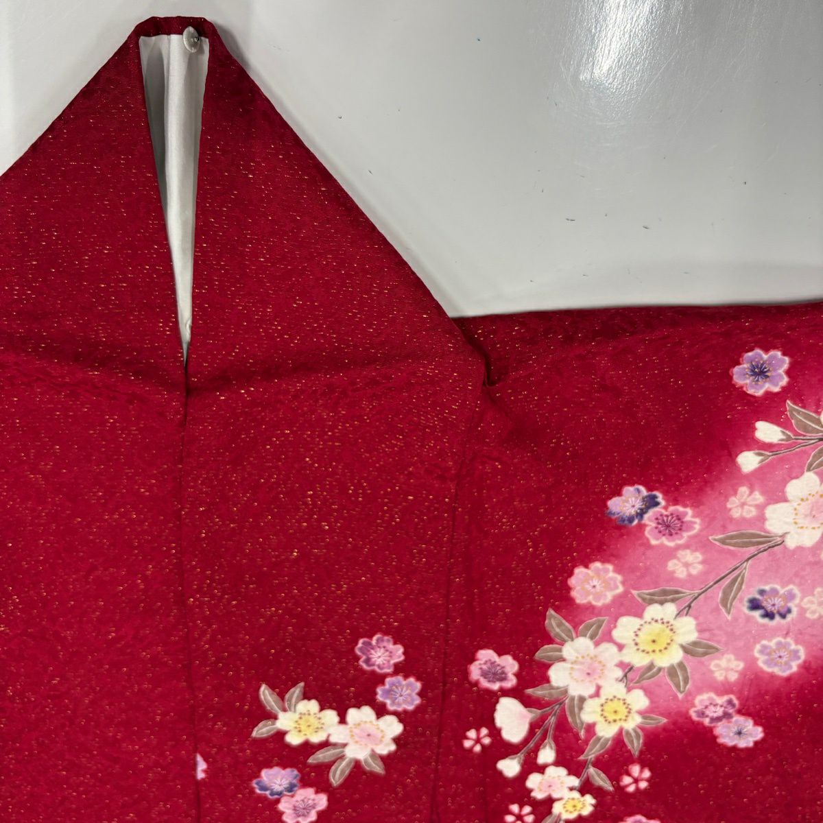 【美品】振袖禮服 身長165cm 袖長64.5cm M 雙層 櫻花 雪輪 金通 金銀彩 紅 純蠶絲 名品級