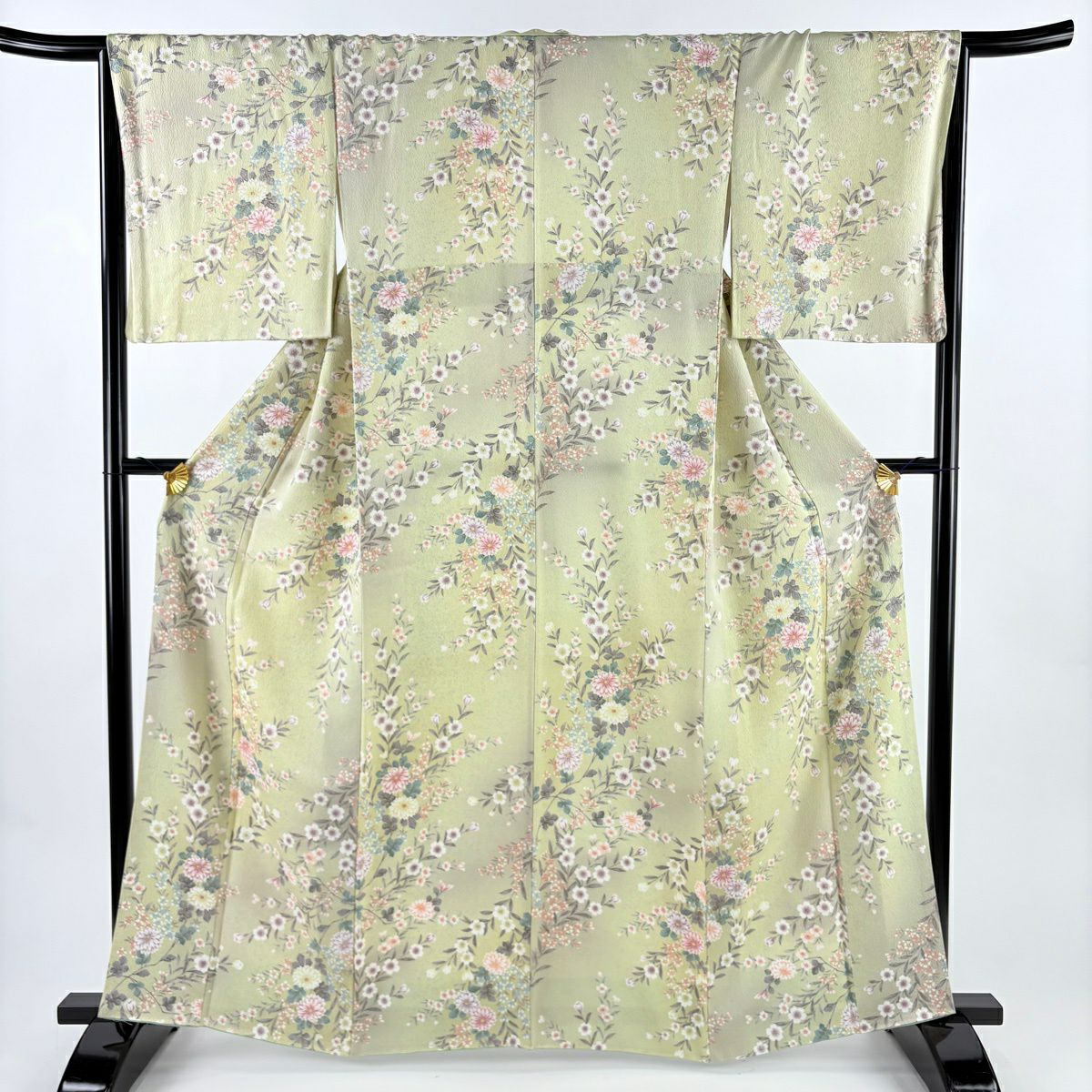 小紋 身長162cm 袖長66.5cm M 雙層 草花紋紋 金彩裝飾 漸層 抹茶 純蠶絲 名品級